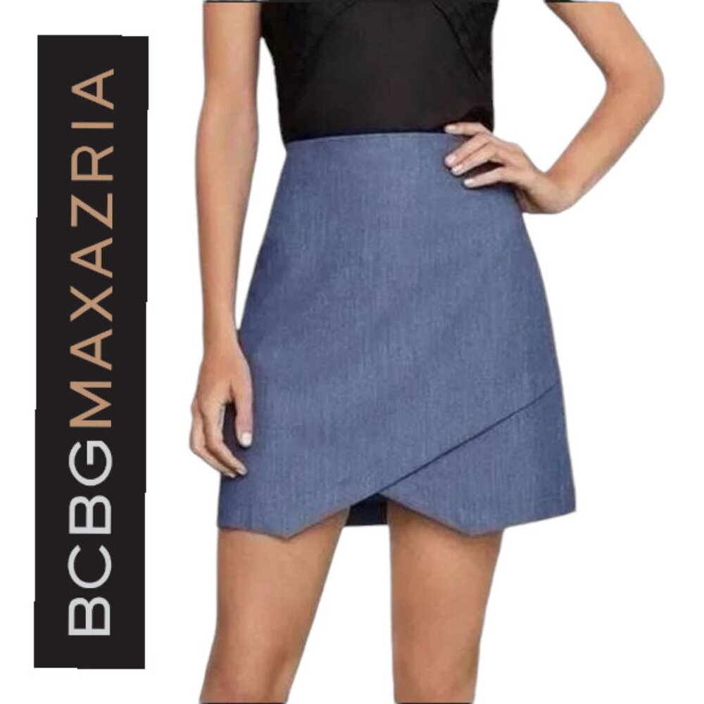 NWT BCBG Maxazria Woven Tiered Front Slit Mini Skirt Dark Chambray Blue
